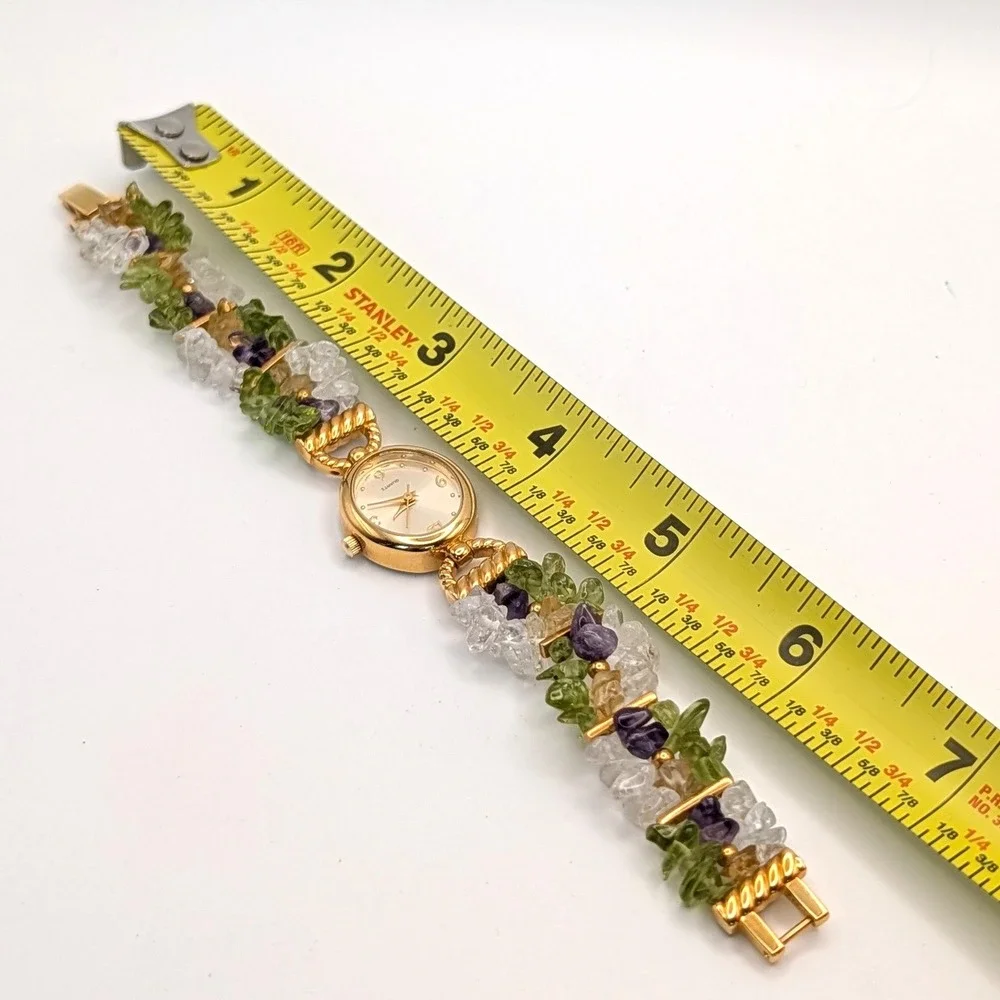 Quartz Crystal Mixed Gemstone Bracelet Watch Gold Tone Japanese Movement 7